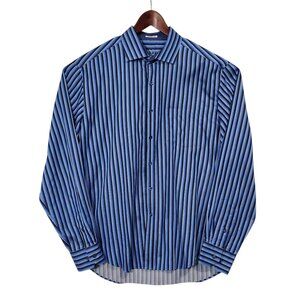 Bugatchi Uomo Mens XL Blue Black Striped Shaped Fit Long Sleeve Button-Up Shirt